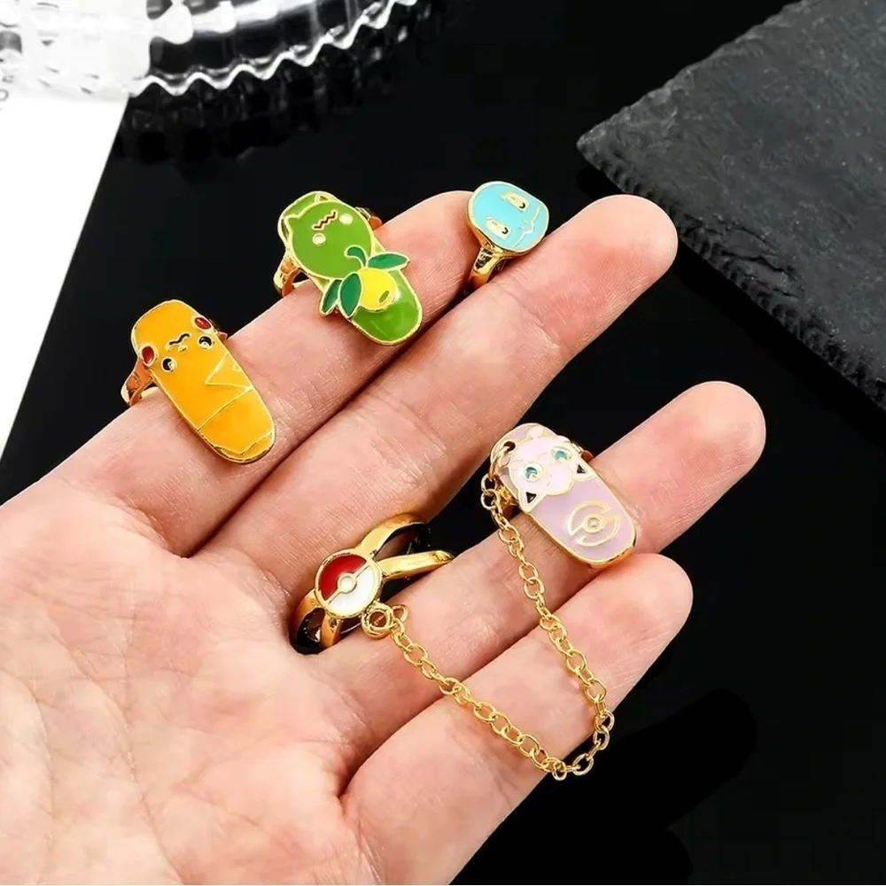 Gold Tone Pokemon Nail Rings Set Jiggly Puff, Squirtle, Pikachu, Smoliv Pokeball